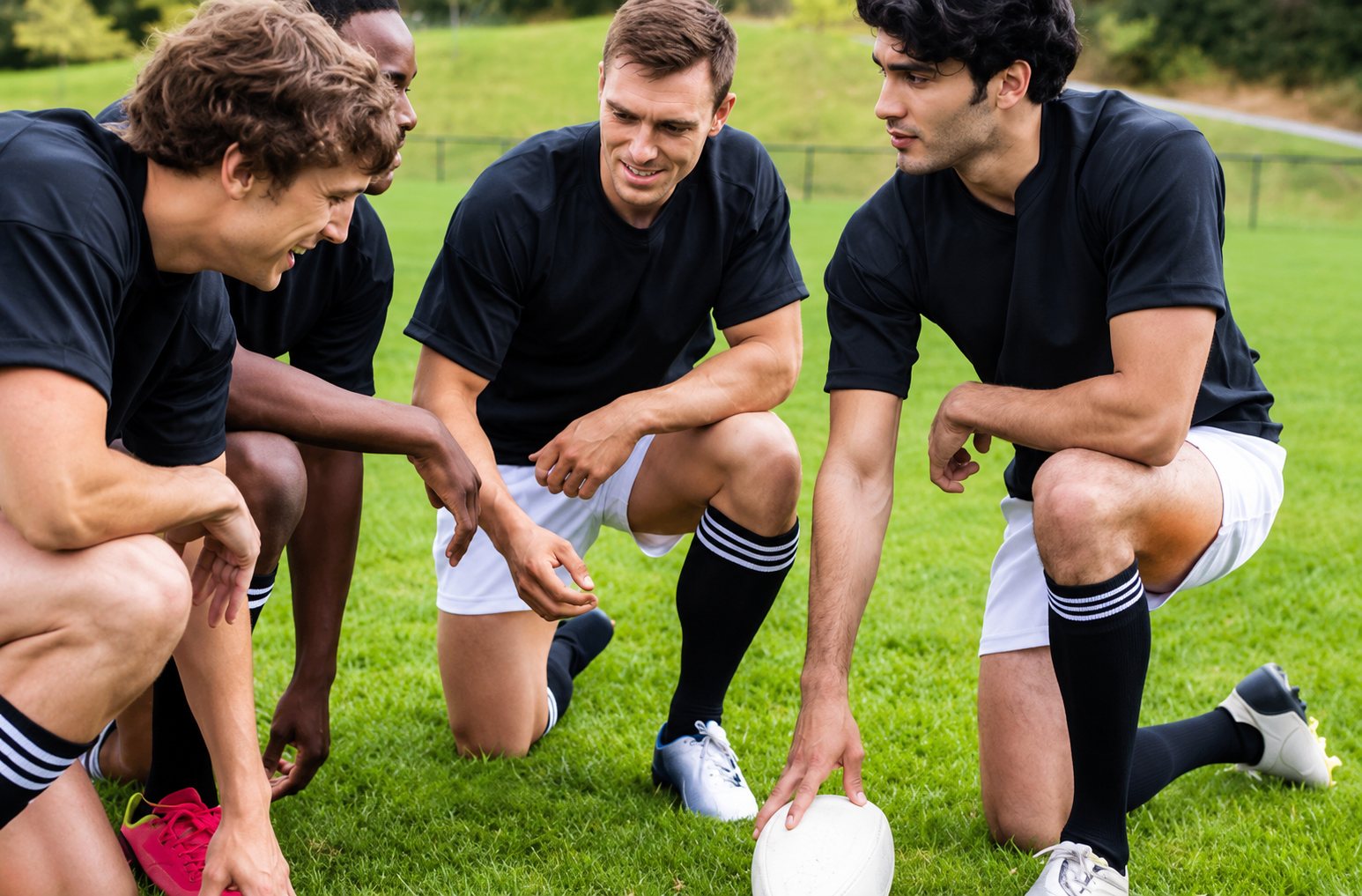 Un groupe de joueurs en maillots noirs est agenouillé sur l'herbe autour d'un ballon de rugby pendant un entraînement.