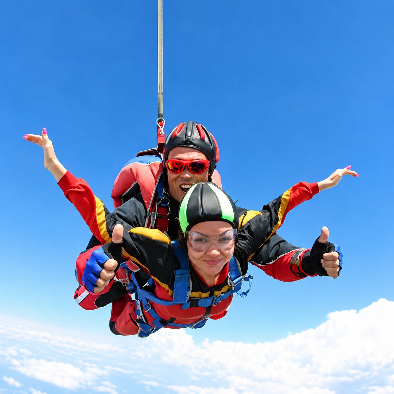 Un moniteur et son passager en saut tandem en chute libre, bras écartés et pouces levés, sous un ciel bleu au-dessus des nuages.